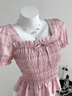 shein Elamini ギンガムチェックパフスリーブ M