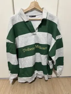 ZARA ボーダー ラガースウェット グリーン×グレー Lサイズ