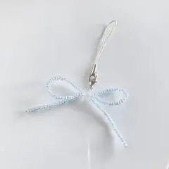 水色リボンビーズチャーム　キーホルダー　ストラップ