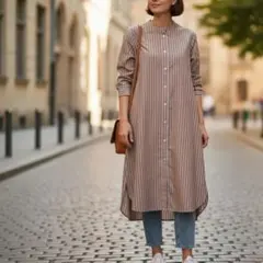 美品 ミントブリーズ ストライプ ロングシャツワンピース M バンドカラー 茶色のサムネイル