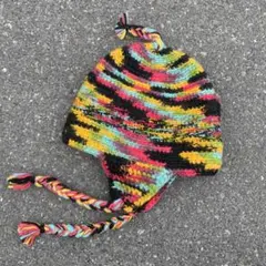 vintage サイケ柄 耳あて付き ボンボン ニット帽 イヤーマフ y2k