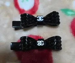 CHANEL リボン型ヘアピン ブラック 2個セット ノベルティ ヘアクリップ