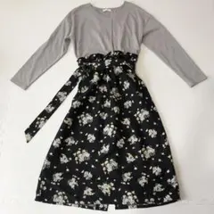 earth music &ecology 長袖 切替 花柄 ワンピース 黒 F