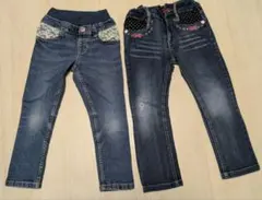 110cm　女の子用 デニム 2本セット レース リボン ドット柄 パンツ