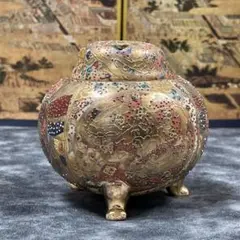 【薩摩焼 特大三足香炉】金爛手 花詰図 金獅子 陶磁器 美術品 香炉 逸品 希少 薩摩焼 特大三足香炉】金爛手 花詰図 金獅子 陶磁器 美術品