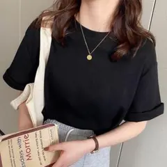 ブラック M ワッフル風 半袖Tシャツ レディース クルーネック トップス