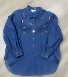 レトロ　刺繍デニムシャツ マリンモチーフ