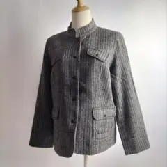 トピィーズ ストライプ刺繍マオカラーウールジャケット 総裏地 フェイクポケット付