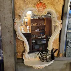 ヴィンテージ調 壁掛けミラー 飾り棚付き ロココ調 アンティーク風 鏡