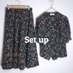 セットアップ スカート ノーカラージャケット 黒 花柄 総柄 昭和レトロ 透け感