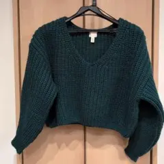 H&M ダークグリーン Vネック ニットセーター US L