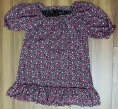 小花柄チュニック　シフォン　半袖 茶×赤・ピンク M 裏地あり 美品