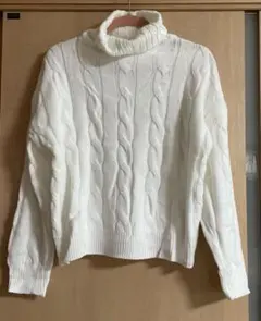 ホワイト ケーブルニット タートルネック