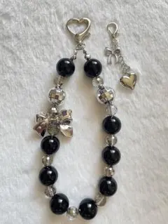 【129】★ハンドメイド　パール　ストラップ　リボン　ブラック　16mm