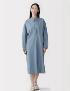 無印良品 婦人 カポック混 ライトデニム 長袖ワンピース M ライトブルー