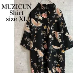 MUZICUN 半袖シャツ 花柄 鶴 ブラック　サイズXL