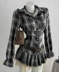 shein Elamini レトロ通勤ウエストシンチ チェック柄シャツのサムネイル
