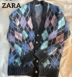 ZARA もふもふ Vネック カーディガン グレー パステル アーガイル S