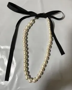 イミテーションパール ネックレス 黒リボン