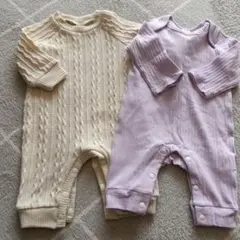 アイボリー ケーブル編みロンパース70cmパープルロンパースセット売り