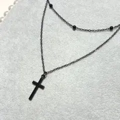 ブラックカラーボールチェーンプレーンクロスチャーム黒十字架ロザリオ2連ネックレス