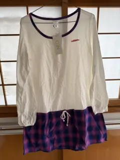adidas アディダス　チェックの切り替え長袖Ｔシャツ　Ｌ　未使用　シミ有