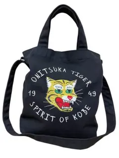 【美品】オニツカタイガー トートバッグ 虎刺繍 キャンバスバッグ 黒　タイガー