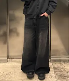 サイドベルトワイドフレアデニムパンツMASONPRINCE ブラックXL