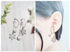 ハンドメイドイヤーカフ☆ラインストーンパール×ラインストーン雪の結晶(シルバー)