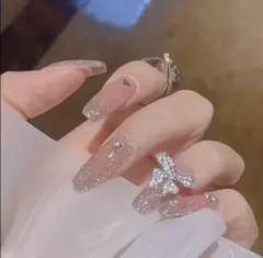 【24枚】ネイルチップ 韓国 ワンホン ラメ リボン 結婚式 ちゅるん