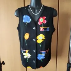 美品】レオナール ジレ ベスト 花柄 リボン ネイビー マルチカラー L