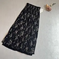 プリーツスカート ロングスカート 花柄 黒 リバーシブル プリーツロングスカート