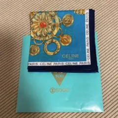 新品CELINE ターコイズ グリーン花柄 ハンカチ
