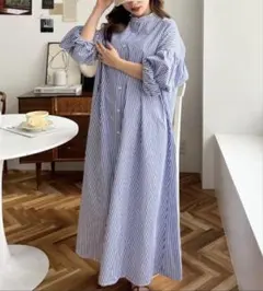 moment+ ストライプ ハイネック ロングシャツワンピース