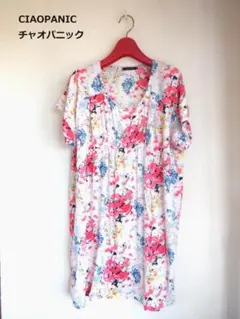 【極美/脚長効果】チャオパニック 高め切り替え花柄チュニックワンピース 白 Fのサムネイル