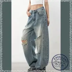 ダメージ加工 ハイウエストワイドレッグデニムパンツ☆XL
