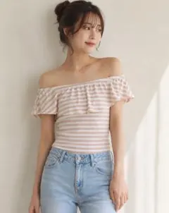 COTTON:ON オフショルダー ボーダーカットソー ベージュ Sサイズ