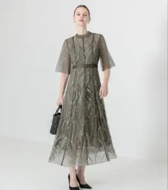 【Leja】スパンコール刺繍レースロングドレスワンピース結婚式 パーティードレス