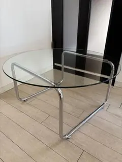 【美品】ガラステーブル 丸型 クリア×シルバー ミッドセンチュリー