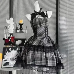ゴスロリ・ロリータドレス ブラック・グレー チェック