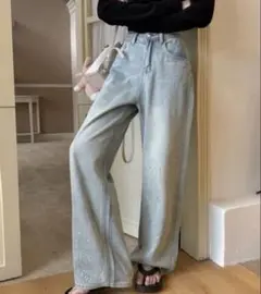 ハイウエストストレートデニム ラインストーン　キラキラ