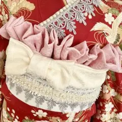 くすみピンク帯揚げ　フリル和柄花柄　成人式振袖　卒業式袴　浴衣着物　帯飾り七五三