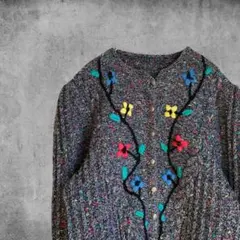 vintage カーディガン ニット 刺繍 ミックス 古着 お花 レトロ