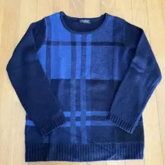 レディースニット　セーター　格子柄　ネイビー系　Lサイズ