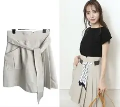 リランドチュール　ウエストベルト付きラッププリーツキュロット ベージュ