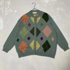 【ベネトン】イタリア製　丸首 カーディガン グリーン カラフルアーガイル ウール