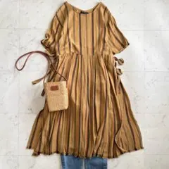 美品 ローズバット ストライプ リネン混 カフタンひざ丈ワンピース◆キャメルのサムネイル