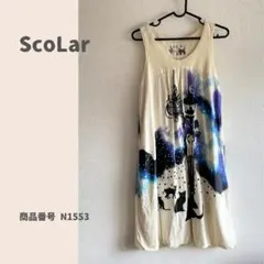 ScoLar ノースリーブ 膝丈ワンピース 猫 街灯　星空柄のサムネイル
