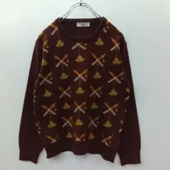 ★『レディース』長袖ニットセーター【М】柄模様 ヴィンテージ クルーネック♥