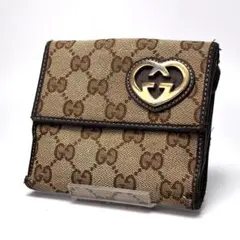 GUCCI グッチ GGキャンバス 二つ折り財布 ハートGGゴールド ブラウン